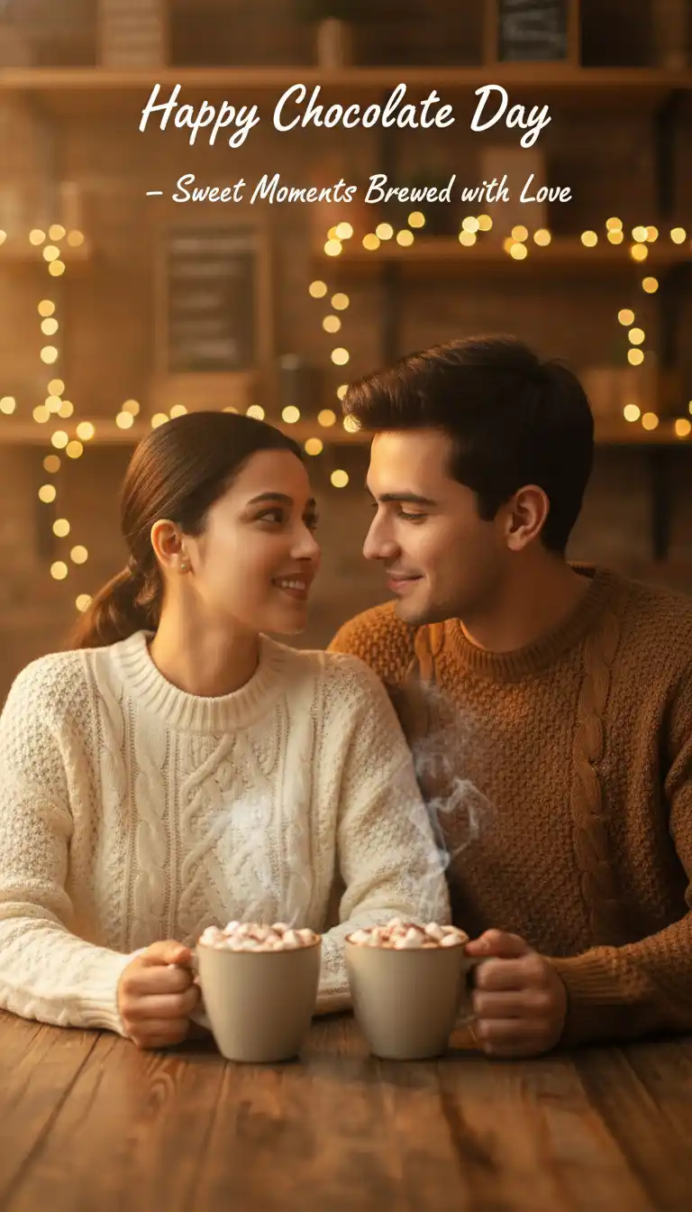 Romantic AI-generated image of a couple in sweaters enjoying hot chocolate mugs for Happy Chocolate Day. Ideal for photo editing prompts.