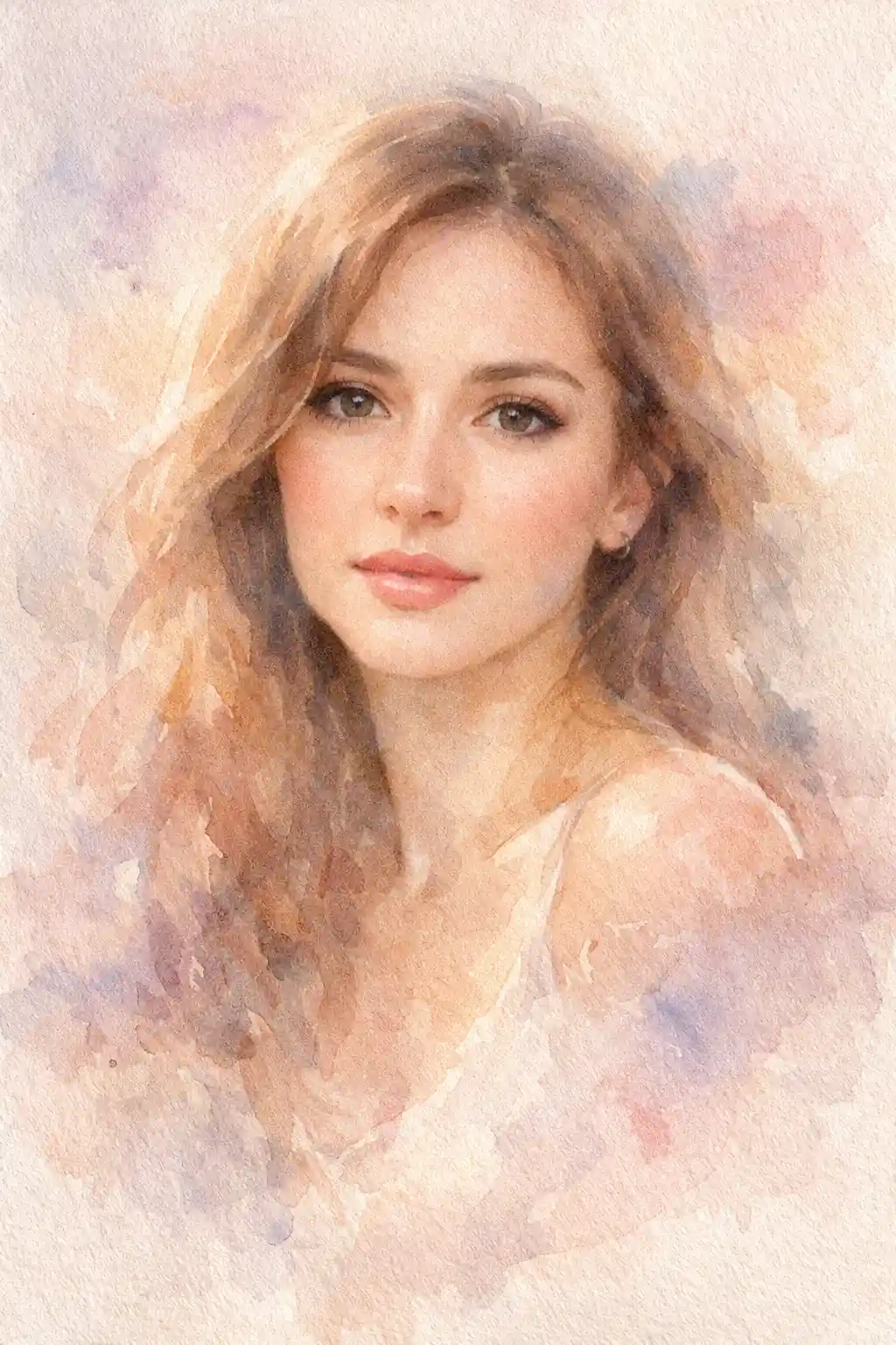 A delicate female portrait created with watercolor painting prompts, showcasing soft pastel colors and artistic textures.