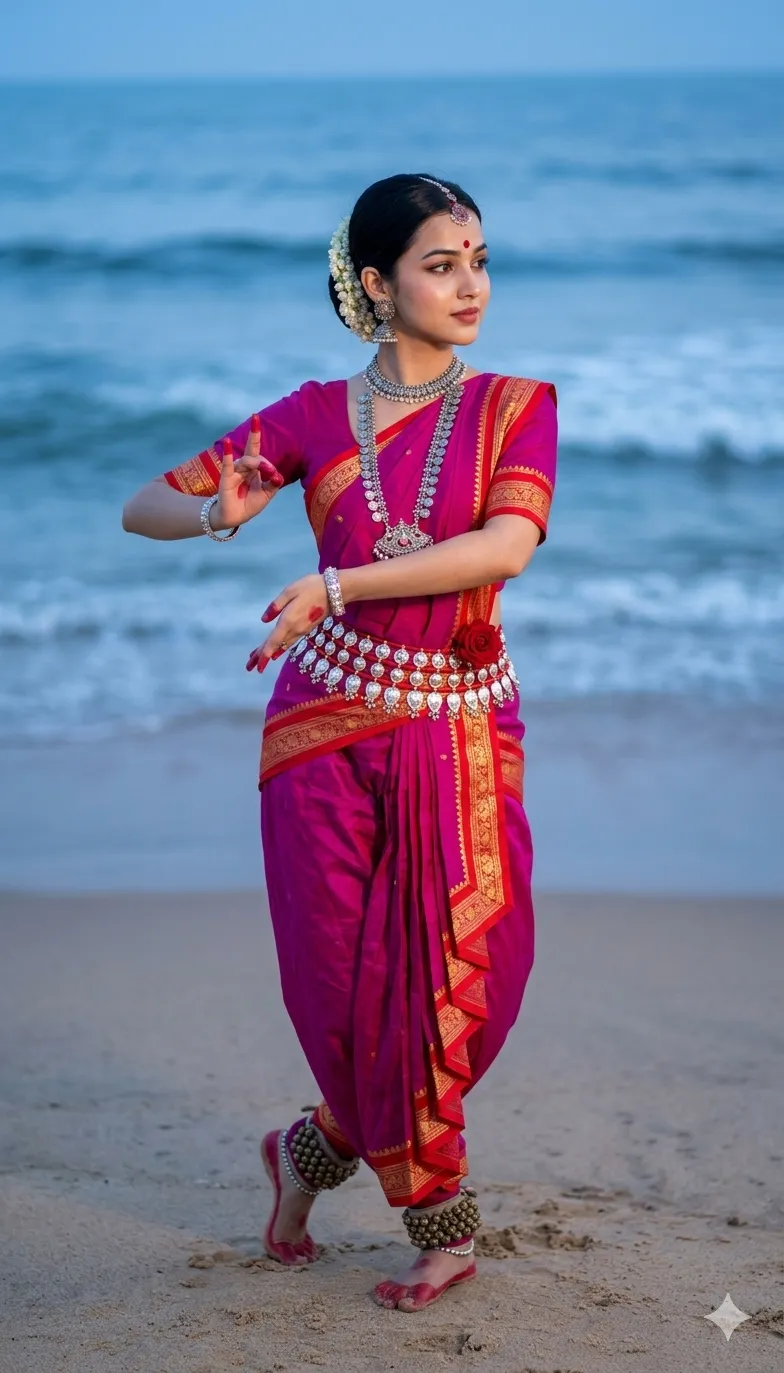 Woman in traditional pink attire performs a Bharatnatyam dance pose on a beach with ocean waves in the background.