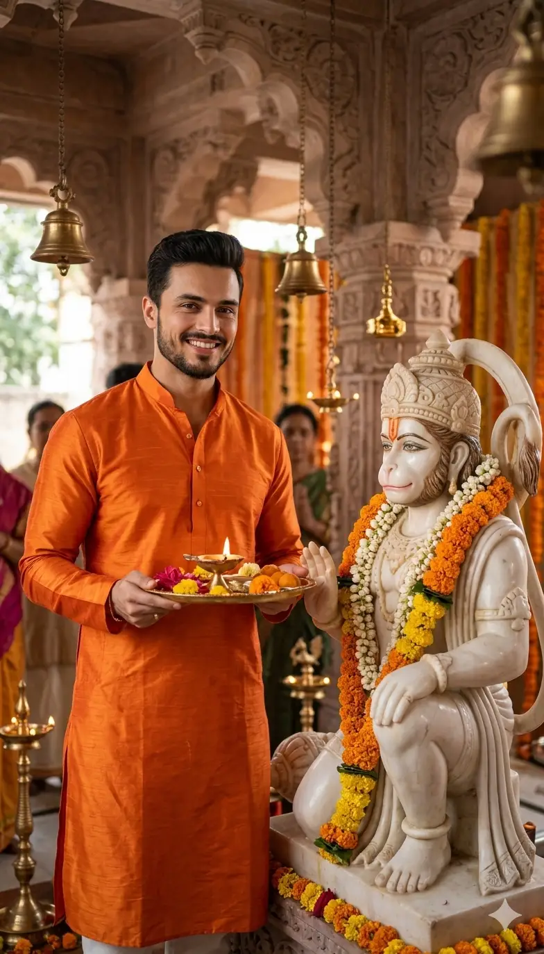 A man in orange holds an aarti thali before a Lord Hanuman statue for this Hanuman Jayanti prompt inspiration.