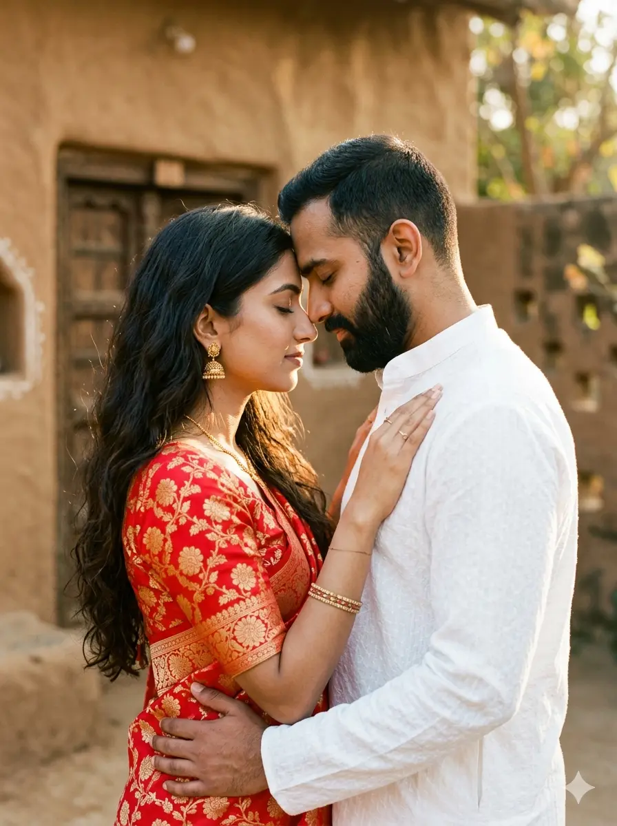 Both close your eyes and gently lean your foreheads against each other. It creates a quiet, intimate moment that looks great in warm lighting.