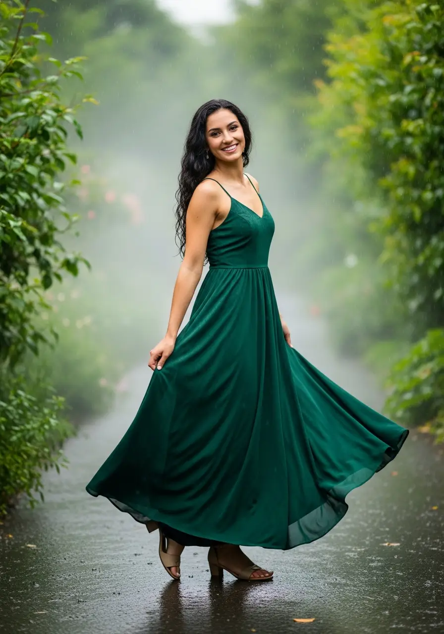 Emerald Green Dress Photoshoot Garden Poses AI Prompt - AI Editing Bank