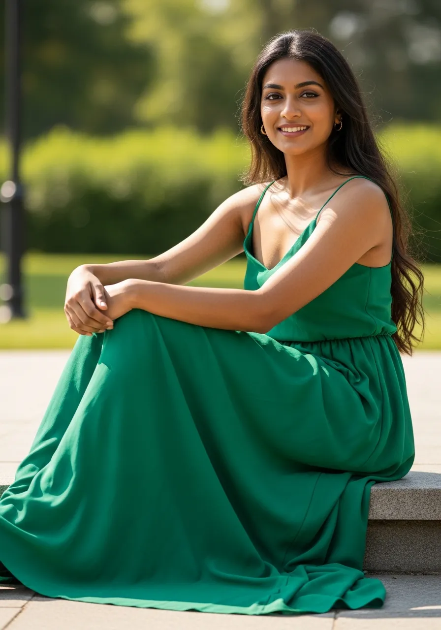 Emerald Green Dress Photoshoot Garden Poses AI Prompt - AI Editing Bank