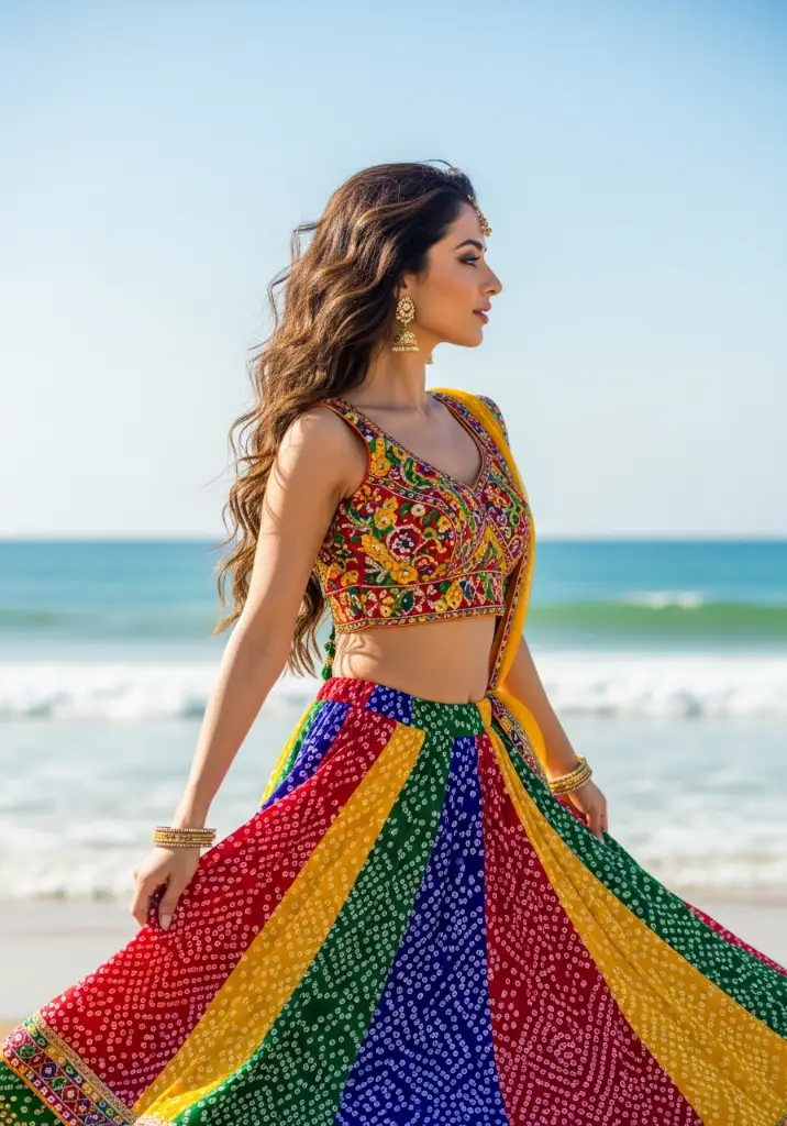 The most iconic lehenga pose. Hold the edges of the skirt and spin slowly to create a full circular flare. This highlights the volume and intricate Bandhani patterns, making the outfit look grand and dynamic.