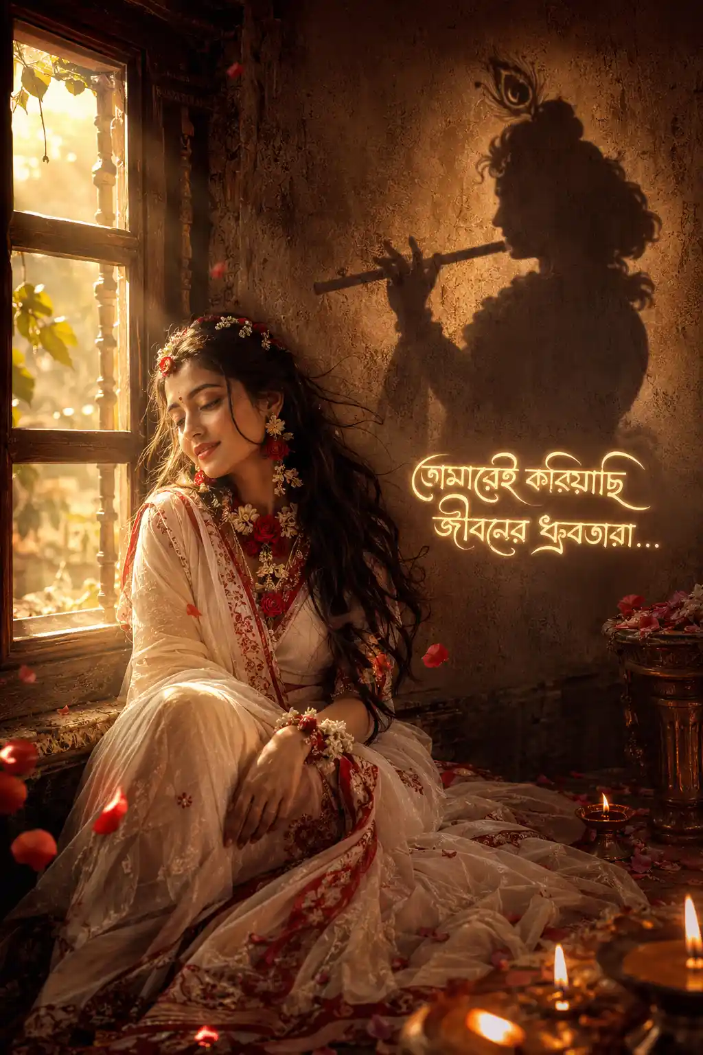 Artistic image of Radha by a window with Krishna's shadow, generated from a Radha prompt ChatGPT for spiritual AI art.