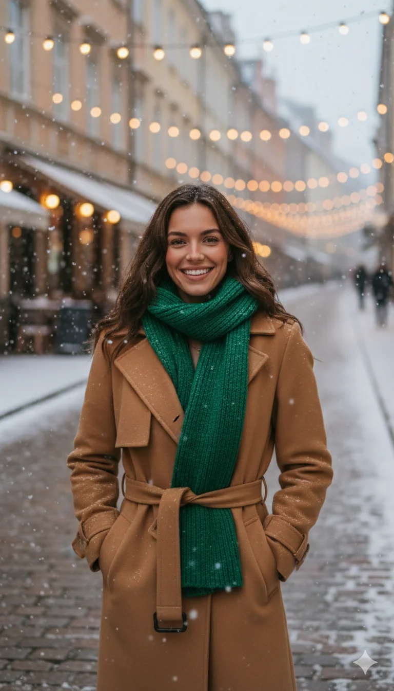 Portrait of a smiling woman wearing a stylish camel trench coat and a bright green knit scarf standing on a snowy European street lit by festive string lights.