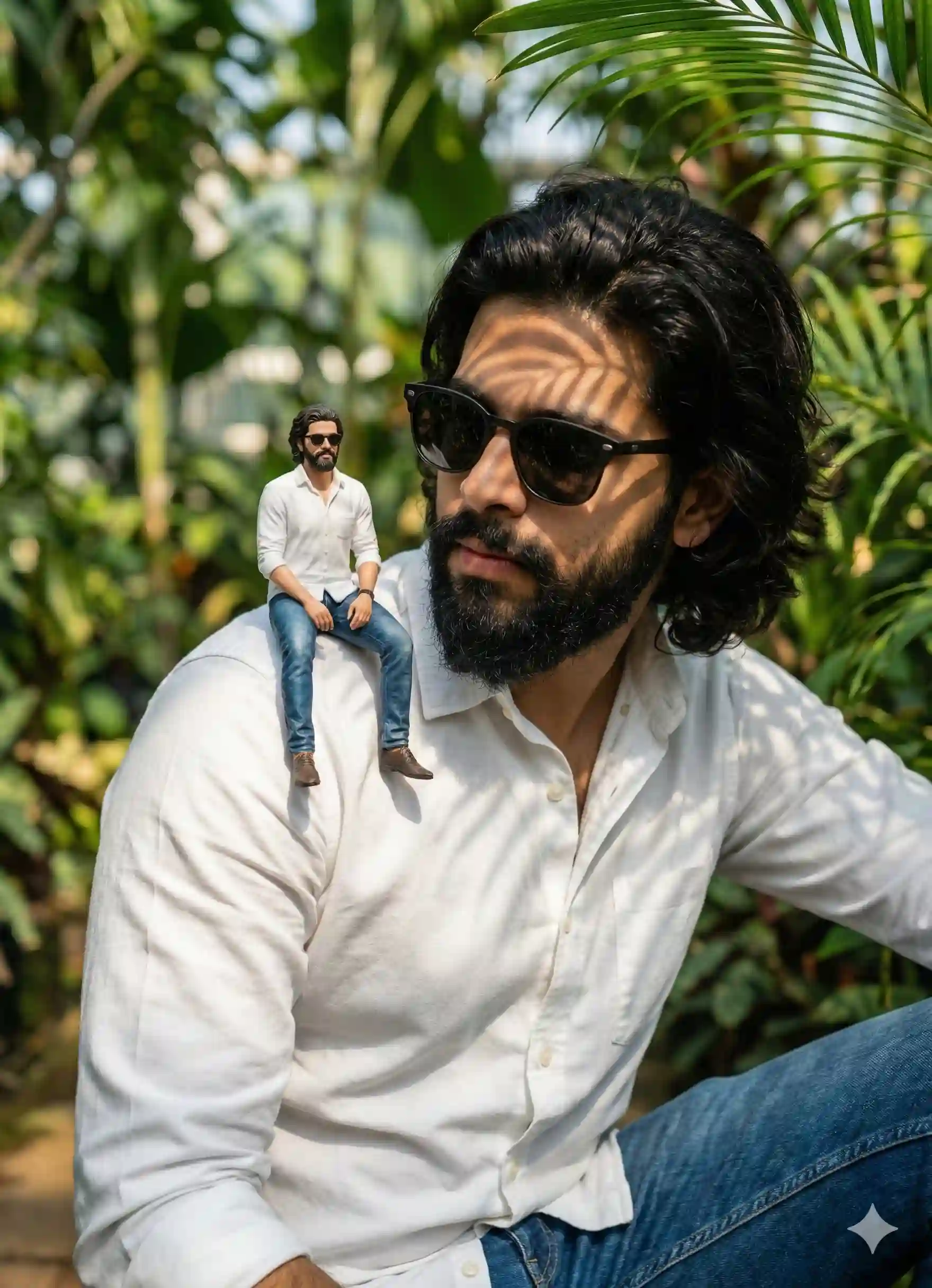 Handsome bearded man in sunglasses and white shirt sitting in a garden with a tiny 3D printed figurine of himself sitting on his shoulder.