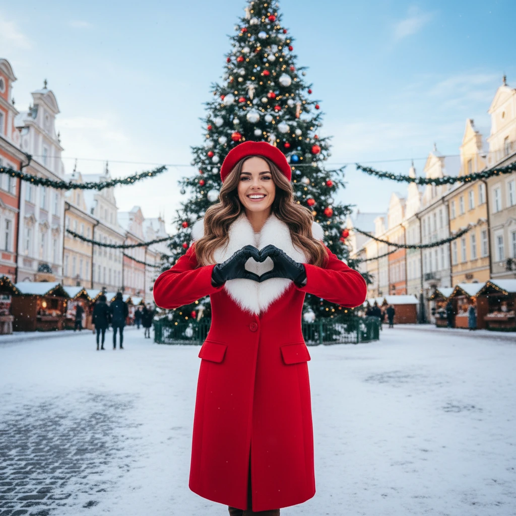 Smiling woman in red coat and beret making a heart gesture in a snowy European Christmas market square with a large decorated Christmas tree.