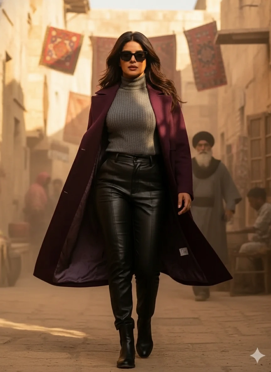Priyanka Chopra Jonas walks confidently down a dusty market alley wearing sunglasses, a grey turtleneck, black leather pants, and a sweeping long burgundy coat.