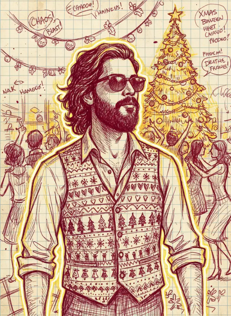 Detailed ink sketch of a cool bearded man in sunglasses and a Christmas sweater vest at a holiday party with a festive tree background.