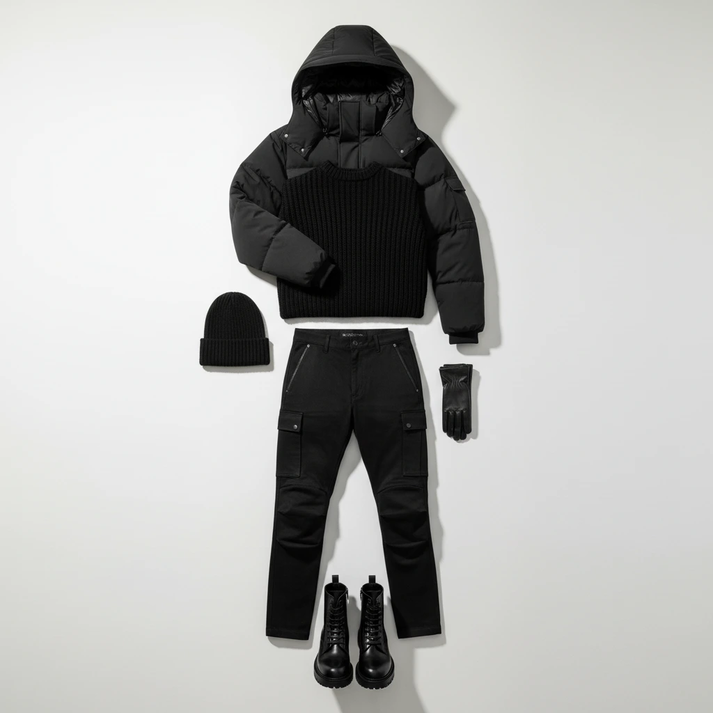Flat lay of a monochromatic black winter outfit featuring a hooded puffer jacket, knit sweater, cargo pants, combat boots, beanie, and leather gloves.