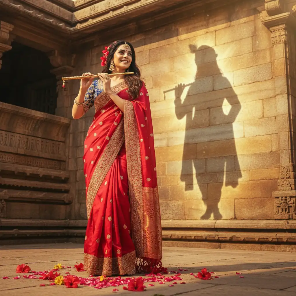 Elegant woman in a red silk Banarasi saree plays a flute in a temple courtyard. Her shadow appears as Lord Krishna with a peacock feather.