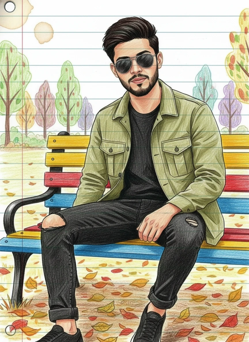Color pencil illustration of a stylish man in sunglasses, green jacket, and ripped jeans sitting on a park bench. Detailed autumn fashion sketch on notebook paper.