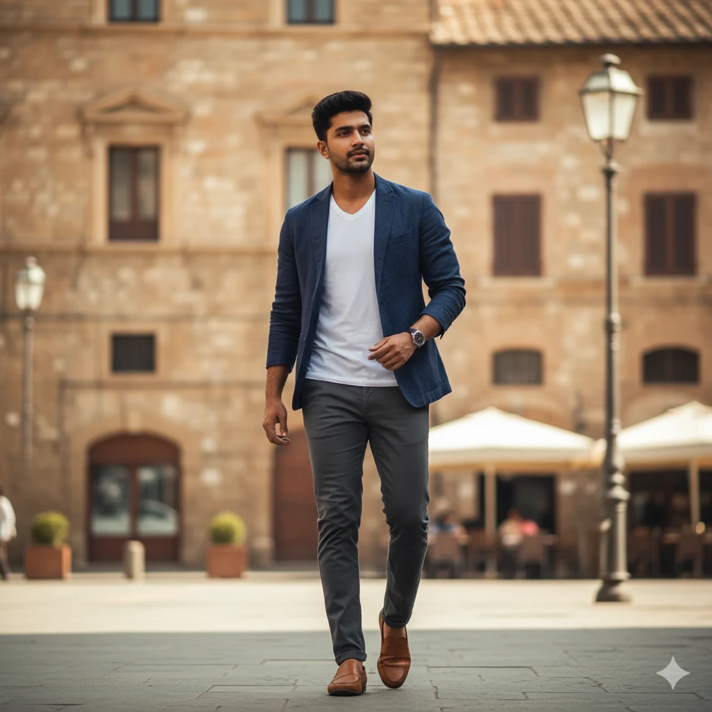 Stylish man in a blue blazer, white tee, and grey chinos, wearing brown leather loafers. Perfect smart casual European street style outfit.