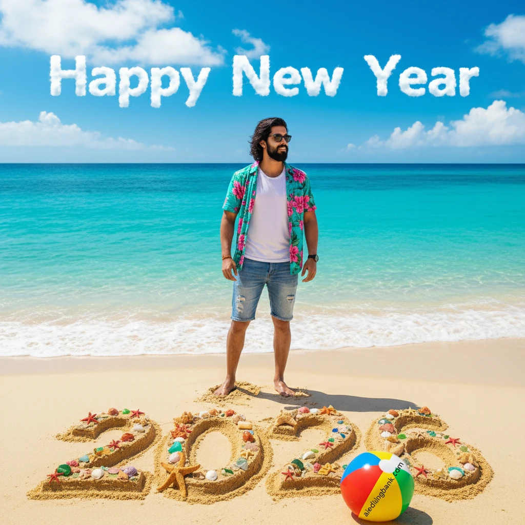Man standing on a tropical beach with 'Happy New Year' cloud text and '2026' written in sand with seashells, celebrating the holiday.