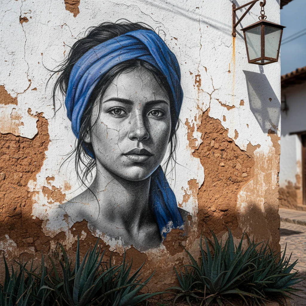 Hyper-realistic street art mural of a woman in grayscale wearing a bright blue turban, painted on an old, cracked white and adobe wall with agave plants below and a rustic lantern above.