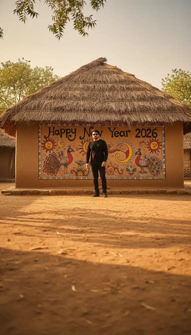 Man standing by a traditional Indian mud hut with a thatched roof. The wall displays vibrant folk art, peacock motifs, and a "Happy New Year 2026" greeting.