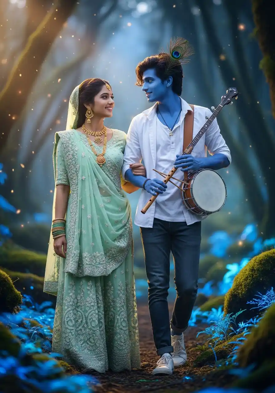 Stunning Radha Krishna AI image showing the divine couple walking through a glowing blue mystical forest. Krishna holds a flute and banjo.