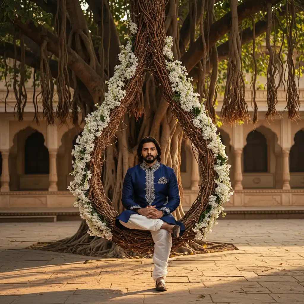 Indian groom in royal blue sherwani sits on a floral wedding swing. Luxury ethnic fashion shot under a Banyan tree, perfect pre-wedding decor.