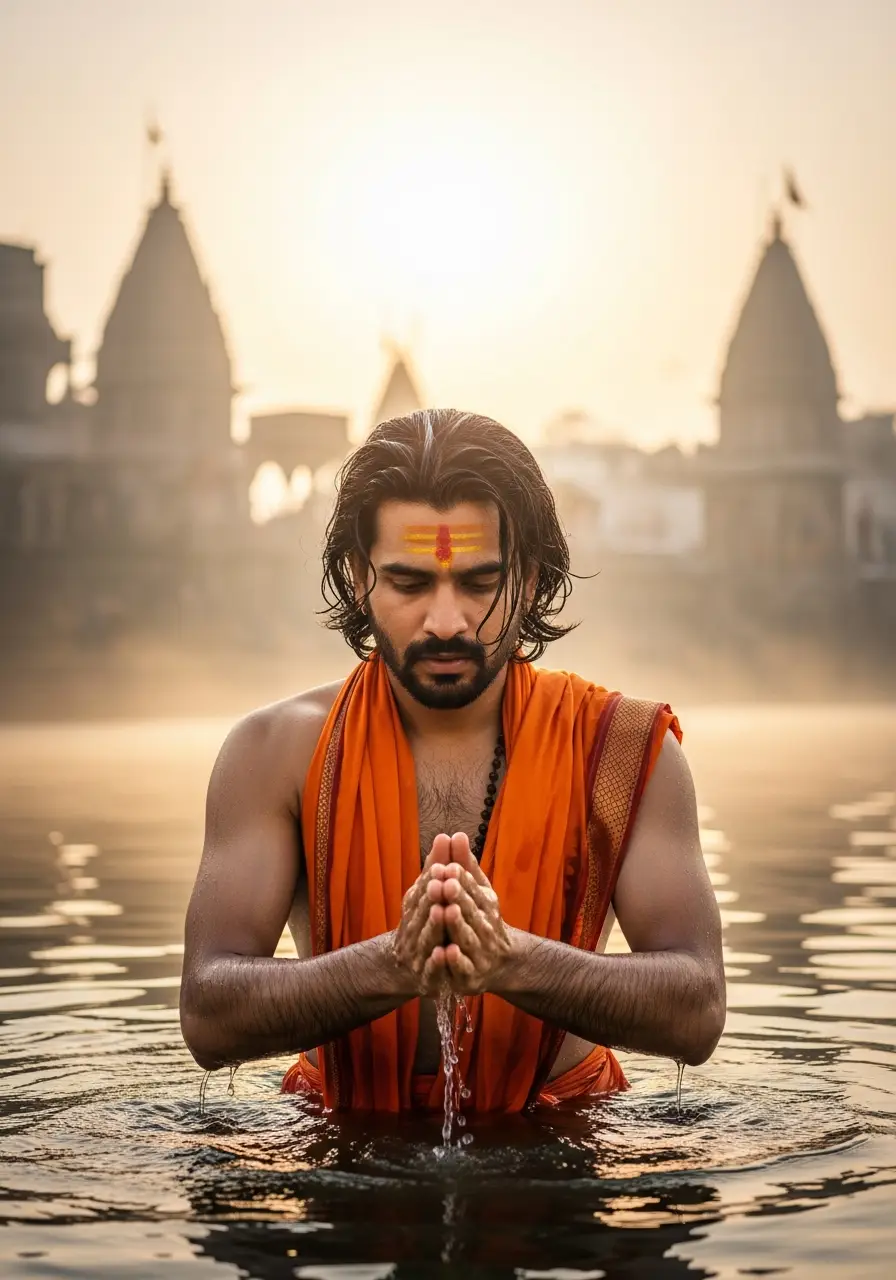Makar Sankranti Ritual Bath: Hindu Man Praying in Holy River